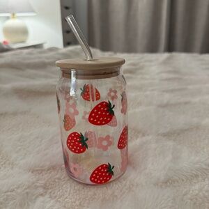 Strawberry & Daisy Glass Cup With Glass Straw.